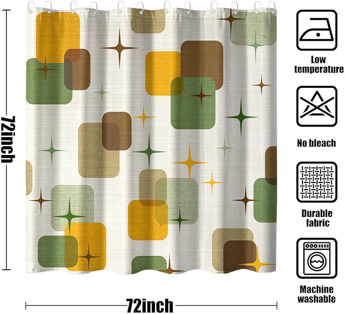 Mid-Century Modern Shower Curtain, Retro Geometric Atomic Starburst Design, Vintage 1950s Abstract Shapes Aesthetic Bathroom Decor, Waterproof Fabric, 72x72 Inch.