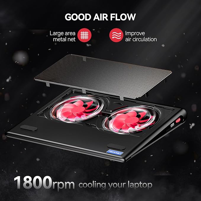 TECKNET Laptop Cooling Pad - 12"-15.6" Laptop Cooler, Powerful Cooler and Ultra Quiet for Gaming Laptops Pad, 2 Wind Speed Adjustable, USB A & C Powered Cooler Stand with Laptops Fan LED (Red)