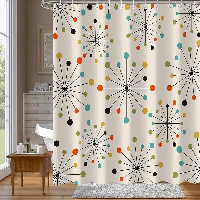 Vintage Mid Century Modern Geometric Shower Curtain，Retro Abstract 1950s 1960s Style Art Bathroom Decoration，Polyester Fabric Waterproof Bath Curtain 72x72 Inch with 12 Hooks