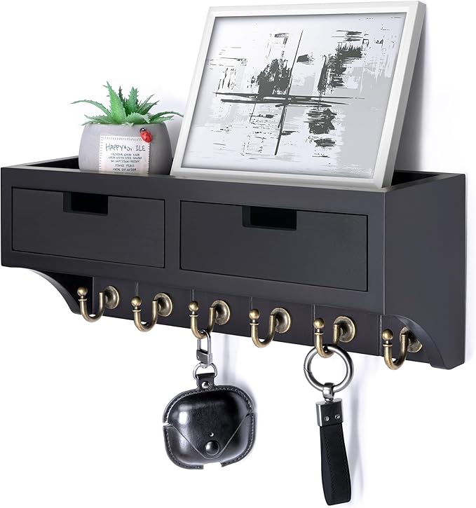 Rebee Vision Key Holder Wall Mount with 2 Drawer Organizer : Decorative Mail Organizer with 6 Key Hooks & Small Wall Shelf - Modern Home Decor for Apartment Essentials (Black)