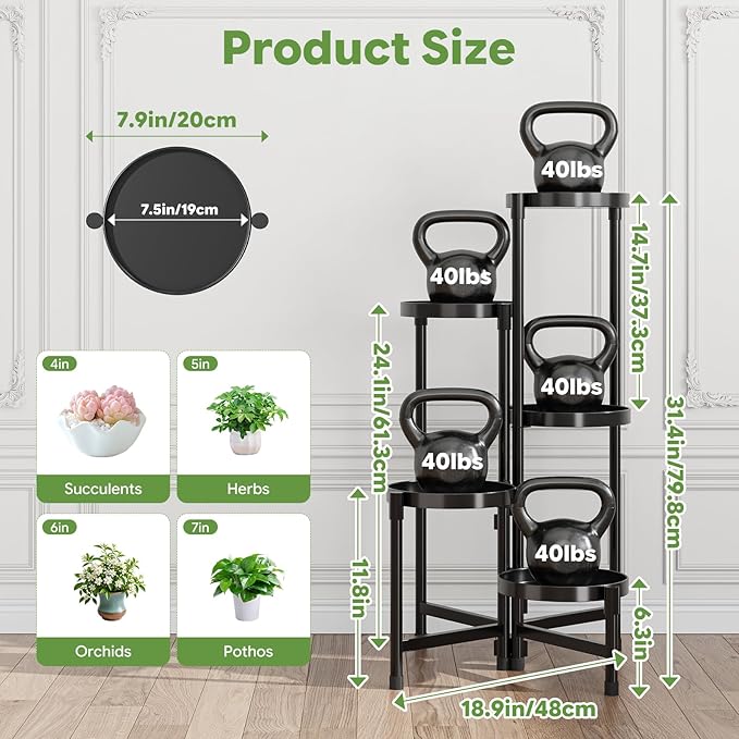 Simple Trending Plant Stand Indoor Outdoor, 5-Tiers Metal Corner Shelf, Tall Display Rack with 5 Rotating Trays, Heavy Duty Flower Holders for Patio Garden Balcony Living Room Bedroom, Black