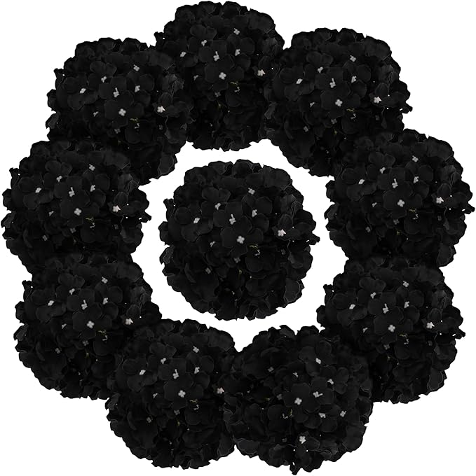 Fake Black Hydrangea Artificial Flowers - Faux Silk Hydrangeas Flowers Heads with Stems Real Touch for Home Wedding Party Table Decor(Black,Black of 10)