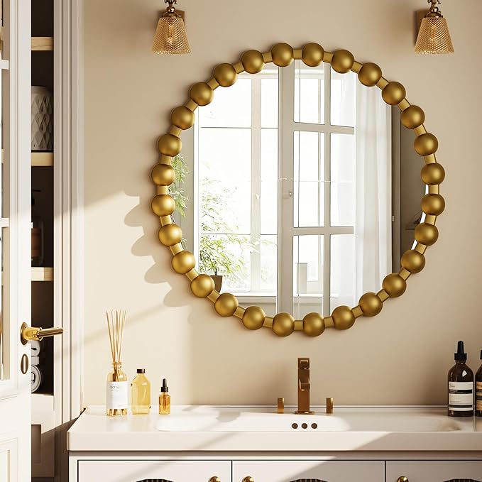 Easly Round Mirror for Wall, 24 Inch Gold Beaded Frame Decorative Vanity Mirror, Circle Bathroom Mirror with High-Definition Lense, Modern Wall Decor for Bathroom, Living Room, Bedroom, Entryway