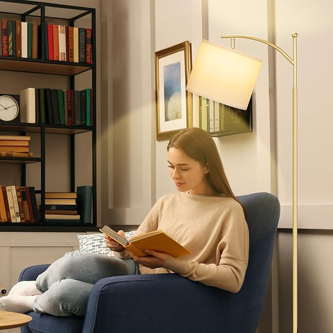 Ambimall 60" Floor Lamp for Living Room with 3 Color Temperatures, Adjustable White Shade with Gold Pole, Tall Lamp for Bedroom Office Classroom Dorm Room, 9W LED Bulb Included