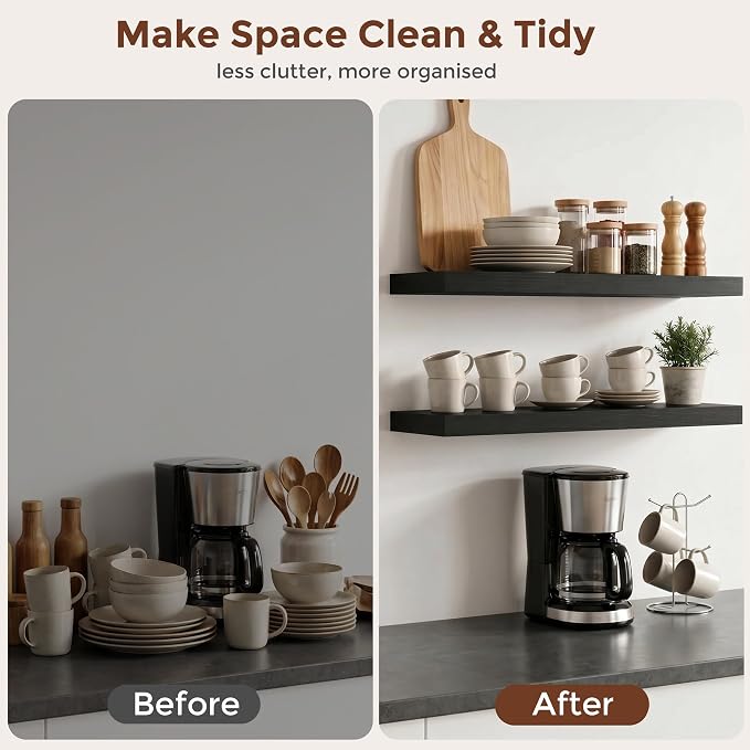fuqing Black Floating Shelves | 24 Inch Wood Floating Shelves for Wall Set of 2 | 24" W x 6.7" D x 1.4" H Rustic Black Wooden Shelves for Bathroom Living Room Bedroom Kitchen
