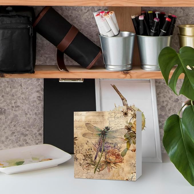 Vintage Dragonfly Flower Wooden Box Sign Desk Decor, Dragonfly Decor, Dragonfly Gifts for Women, Dragonfly Decorative Box Signs Decor for Bathroom Home Office,Retro Floral Desk Decor 5x5Inch