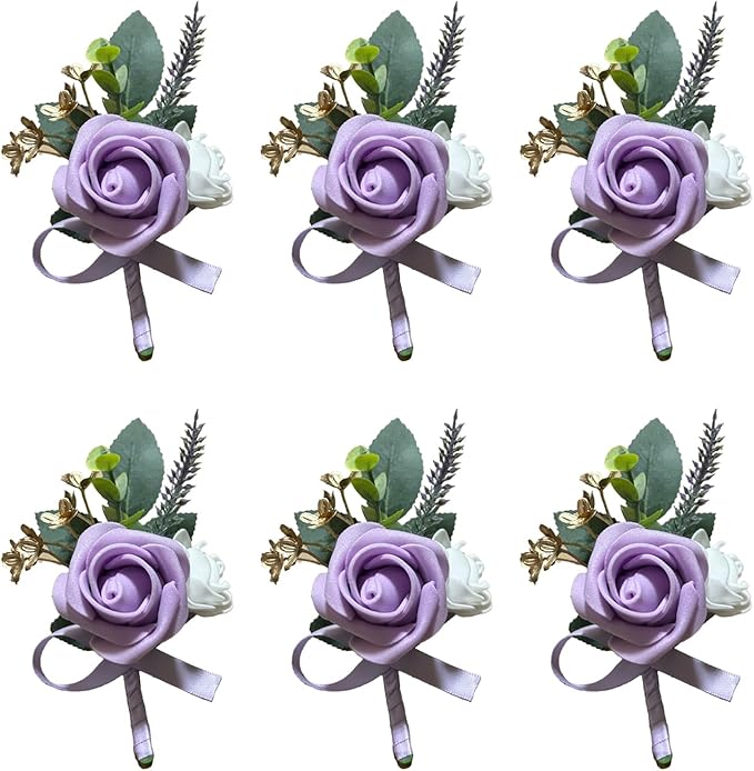 6PCS Purple Lavender Boutonniere for Men, Lilac Boutonniere Pins for Men Groomsmen Guest Boutonniere, Artificial Flowers for Wedding Decor Prom Homecoming