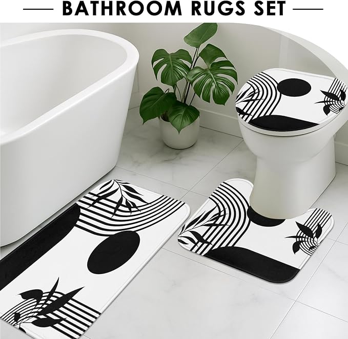 Boho Mid Century Shower Curtain Set with Toilet Lid Cover and Non-Slip Rugs, Abstract Geometric Black White 4 Pcs Modern Minimalist Vintage Shower Curtain for Bathroom Set with 12 Hooks