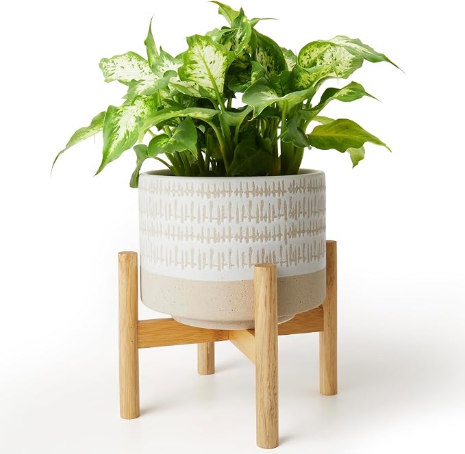LA JOLIE MUSE Ceramic Plant Pot with Stand - 7.3 Inch Decorative Cylinder Flower Pot with Wood Planter Holder for Indoor, Yellow & White