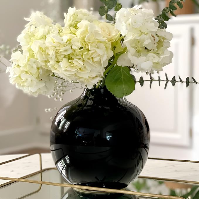 Willowy 7.5 Inch Large Black Ceramic Vase with Glossy Finish - Black Vases for Centerpieces, Vases for Home Decor, Round Gothic Vase for Flowers