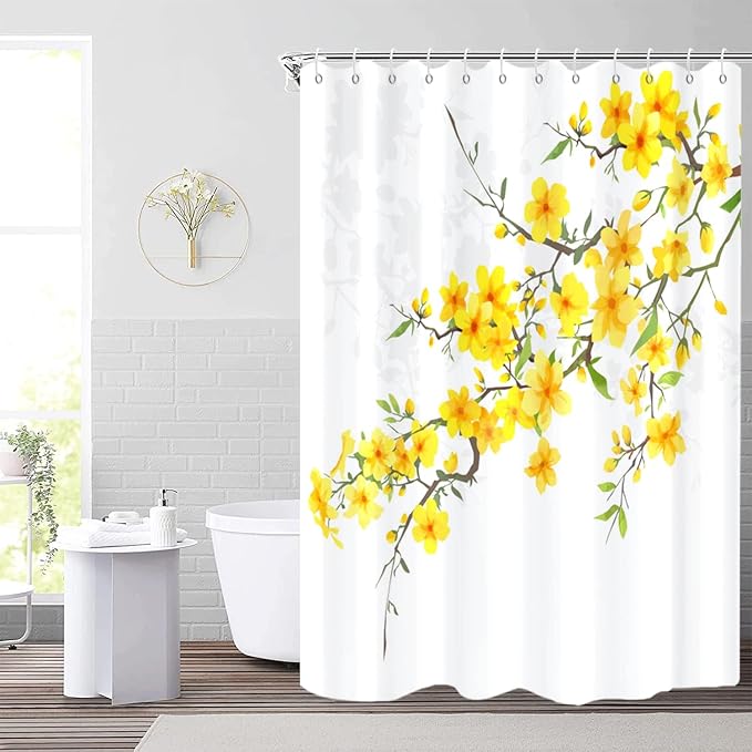 Yellow Floral Extra Long Shower Curtain, Flower Blossom Plant Botanical Spring Durable Waterproof Fabric Machine Washable with Hooks for Bathroom Bathtub Decor 72Wx84H