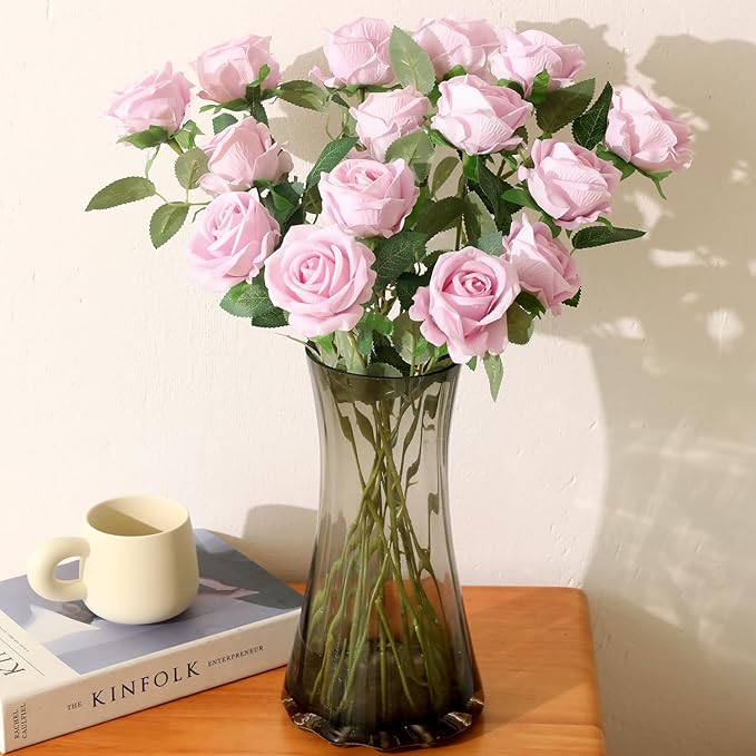 15Pcs Pearl Pink Roses Artificial Flowers Fake Roses Long Stem Velet Rose Silk Flowers for Home Wedding Decoration (Pearl Roses,Pink)