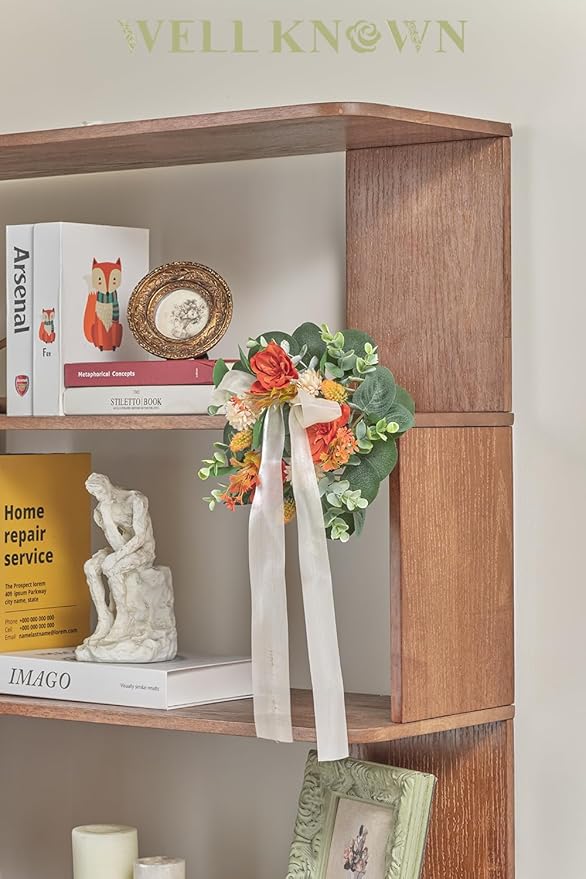 2 Pcs Mini Fall Orange Floral Candle Rings Wreaths for Pillars Home Table Window Decor, 9 Inches Artificial Flower Cabinet Wreath for Autumn Kitchen Farmhouse Wedding Party (Orange Delphinium)