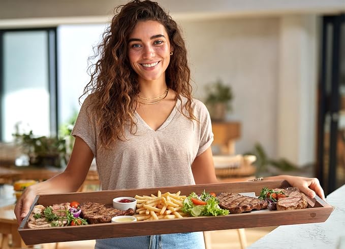 Large Acacia Wood Serving Tray with Metal Handles - 36" Long Charcuterie Board for Cheese, Meat & Appetizers - Perfect for Kitchen, Entertaining, Gatherings & Home Decor
