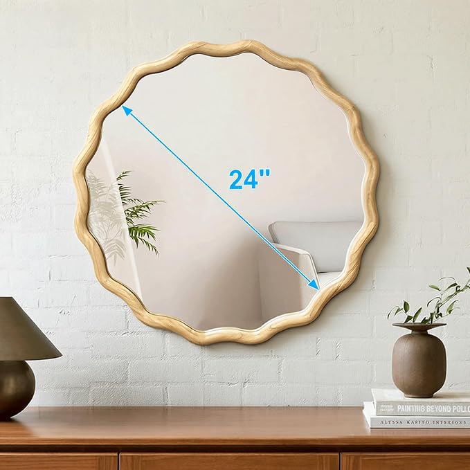 Circle Wood Mirrors for Wall, Wavy Round Bathroom Scalloped Mirror Wooden Frame 24 Inch for Living Room Farmhouse Bedroom Hallway Entryway Living Room with Shatterproof Glass Wall Mounted