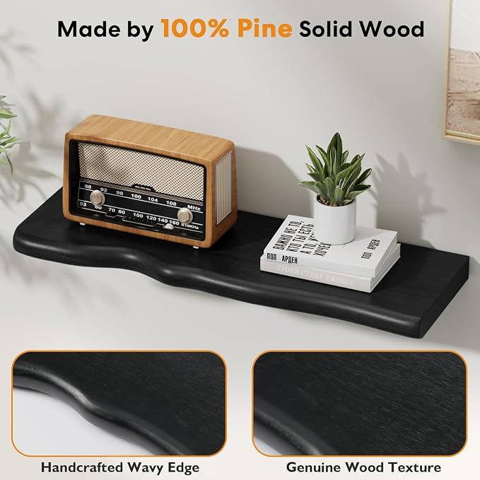 Solid Wood Live Edge Floating Shelves Set of 2 – 24" Rustic Wall Shelf with Hidden Bracket System, Wall Mounted Shelves for Bathroom, Kitchen, Living Room, Bedroom (Black)