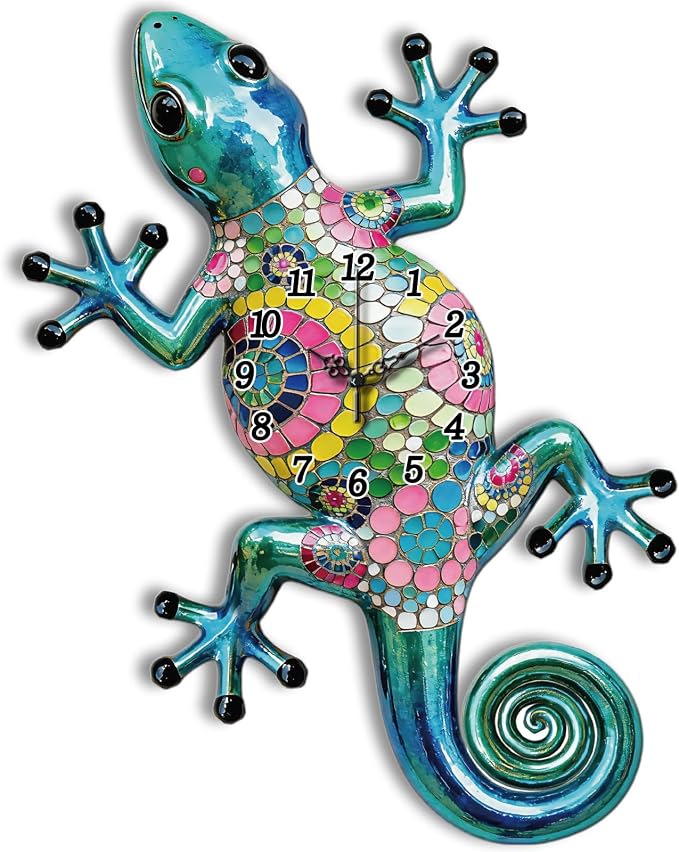 Gecko Wall Clock Irregular Shape Decorative Wall Clock Iridescent Style Non-Ticking Clock for Home Office Decoration, 16.14×12.67 inch