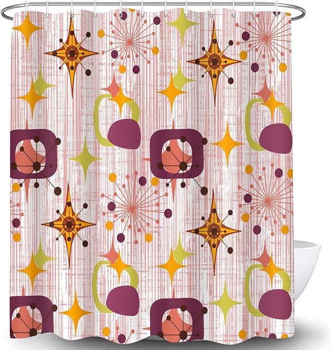 Mid Century Shower Curtain, 72x72inch, Modern Abstract Retro Red Striped Geometric Shower Curtain Sets 1950s Boho Bathroom Shower Curtain with 12 Hooks