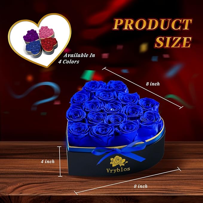 Forever Blue Roses in a Box Heart Shaped 16 Preserved Flowers for Delivery Grade A Quality 100% Real Immortal Flower Eternal Birthday for Her Mom Women Wife Girlfriends (Heart-Blue)