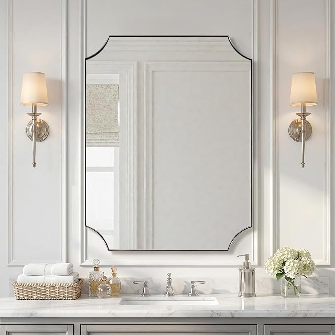 ANDY STAR Brushed Nickel Mirror 28"x36", Scalloped Bathroom Mirror, Modern Silver Framed Mirror in Anti-Rust Stainless Steel Metal Thin Frame Deep 1", Wall Mount Vertical or Horizontal