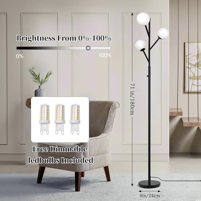 Ldeco 3-Globe Mid Century Black Tree Floor Lamp for Living Room,70in Tall Modern Stepless Dimmable Standing Lamp with Frosted Glass Shade for Office Bedroom, Study Room Bulbs Included(dimmer-Black)