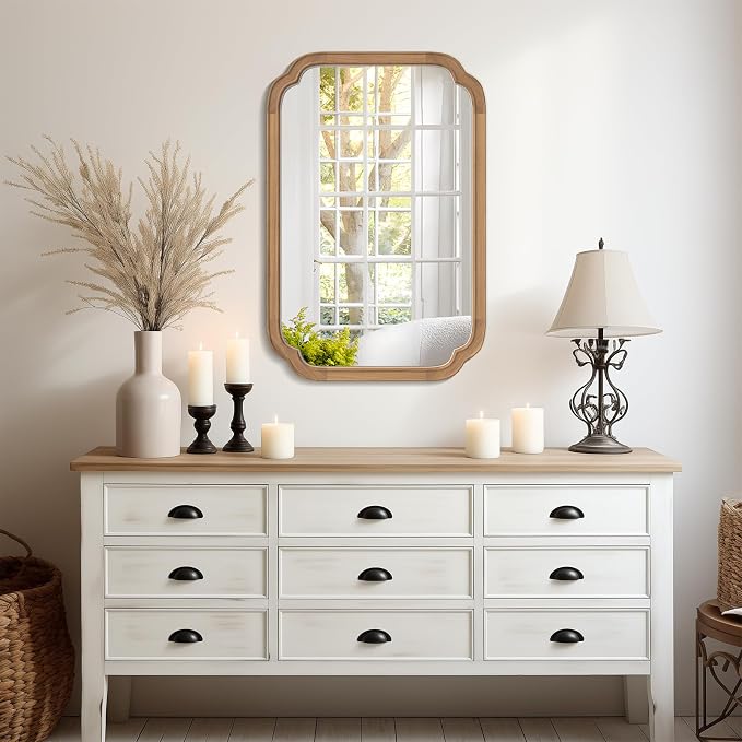 WallBeyond 20" x 30" Rounded Corner Arch Wall Mirror with Wood Frame for Entryway, Living Room or Bedroom Home Decor - Light Woodgrain [20" x 30" Honey-Colored]
