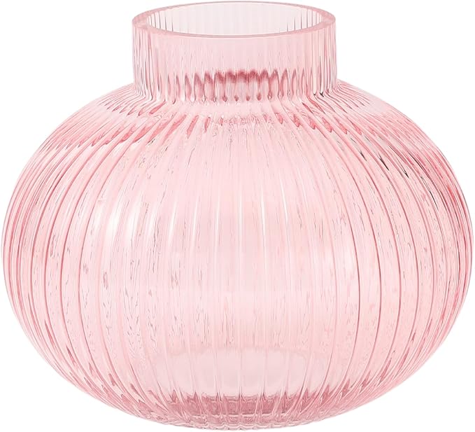 Pink Glass Vase for Tulips, Ribbed Glass Vase for Flowers, Round Flower Vases, Small Short Vases for Living Room, Office, Coffee Table, Shelf, Wedding, 6 Inches