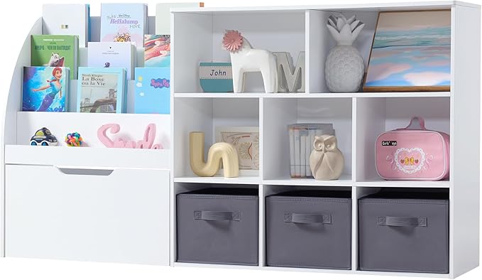 Kids Bookshelf and Toy Storage, 2 Pack 58.5’’ Toy Organizer with Movable Chests & 3 Storage Bins, Large Kids Reading Nook with 5 Cubbies for Playroom, Bedroom, Nursery, White