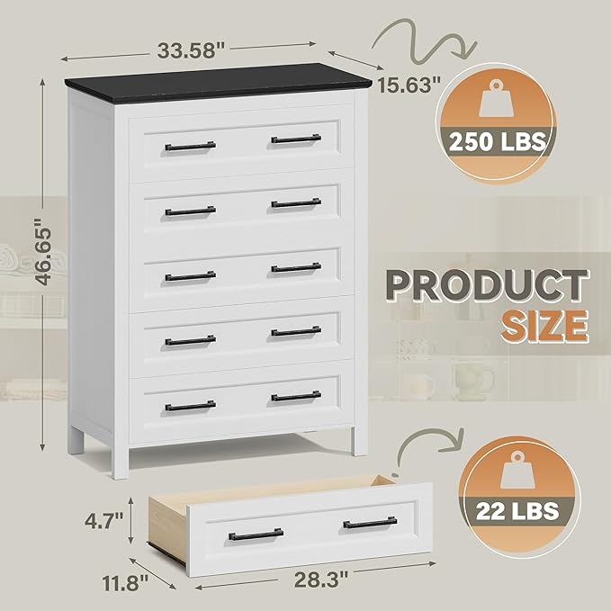 JUMMICO White Dresser Tall for Bedroom,Wooden 5 Drawer Dresser for Nursery,Chest of Drawers for Bedroom, Closet Storage Organizer for Living Room, Hallway, Closet (Black&White)