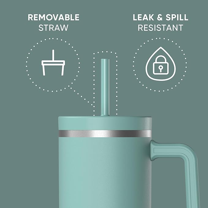 Hydrapeak Voyager 40 Oz Stainless Steel Tumbler with Handle, Insulated Water Bottle With Straw & Lid, Cupholder Friendly Reusable Travel Mug (Pale Sage)