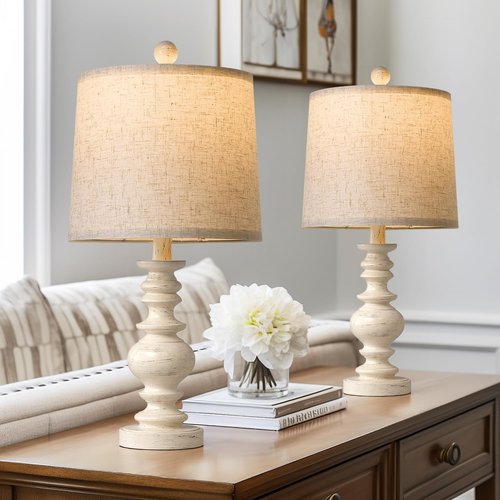 BOBOMOMO Rustic Table Lamp Set of 2 - Vintage Linen Lamps for Living Room & Bedroom Nightstands