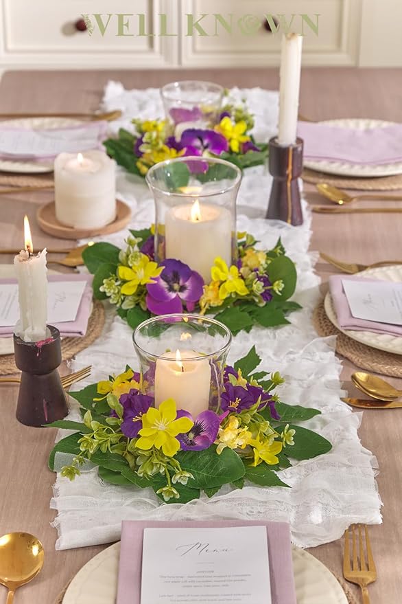WELL KNOWN 2 Pcs Mini Spring Floral Candle Rings Wreaths for Pillars Home Table Window Decor, 9 Inches Artificial Flower Cabinet Wreath for Kitchen Farmhouse Wedding Party (Purple Morning Glory)
