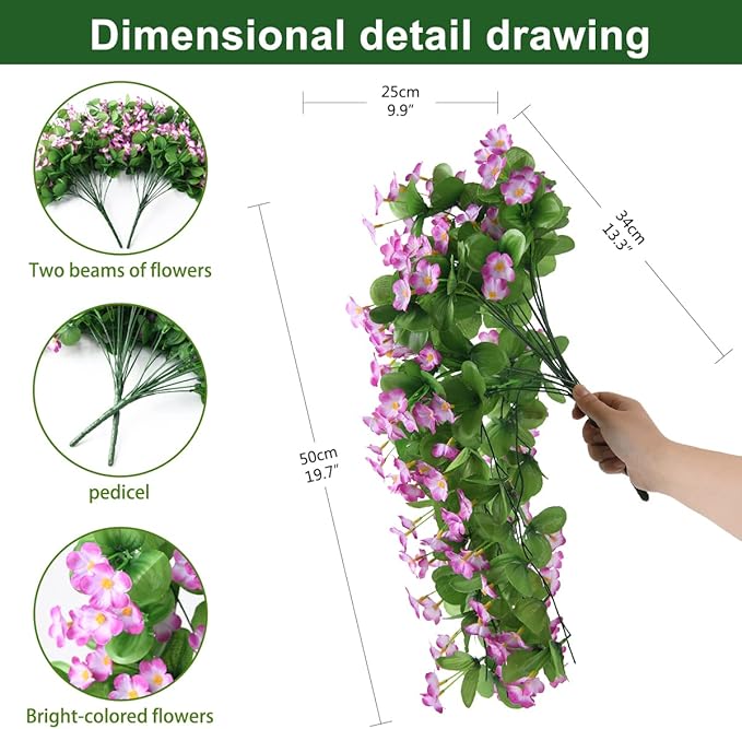 Artificial Fake Hanging Flowers Plants for Outdoor Spring Decoration, 2PCS Faux Silk Violet UV Resistant Look Real Trailing Vines for Outside Home Planter Porch Patio(Violet)