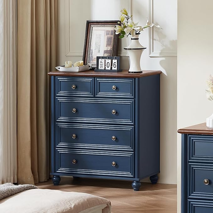 Farmhouse 5 Drawer Dresser, Blue Rustic Chest of Drawers, 35.5" Tall Small Dressers for Bedroom with Roman Column and Metal Handles,Wood Storage Organizer for Living Room, Hallway, Closet