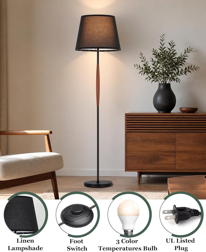 ELYONA Mid Century Modern Floor Lamp, Solid Wood Reading Standing Lamp with Black Linen Fabric Shade, Vintage Corner Light for Living Room Bedroom Office 3 Color Temperatures 9W Bulbs Included, Walnut