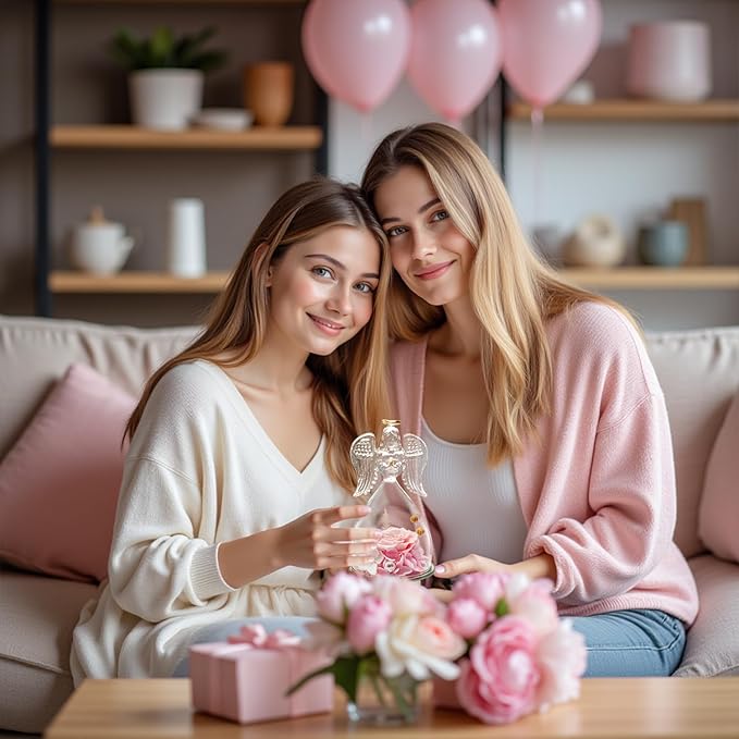 ANWEAO Women Gifts for Christmas Preserved Rose Forever Flower in Glass Angel Figurines Fresh Flowers for Delivery Prime Gifts for Mom, Real Pink Roses Gift for Grandma Mom Sister Wife Her