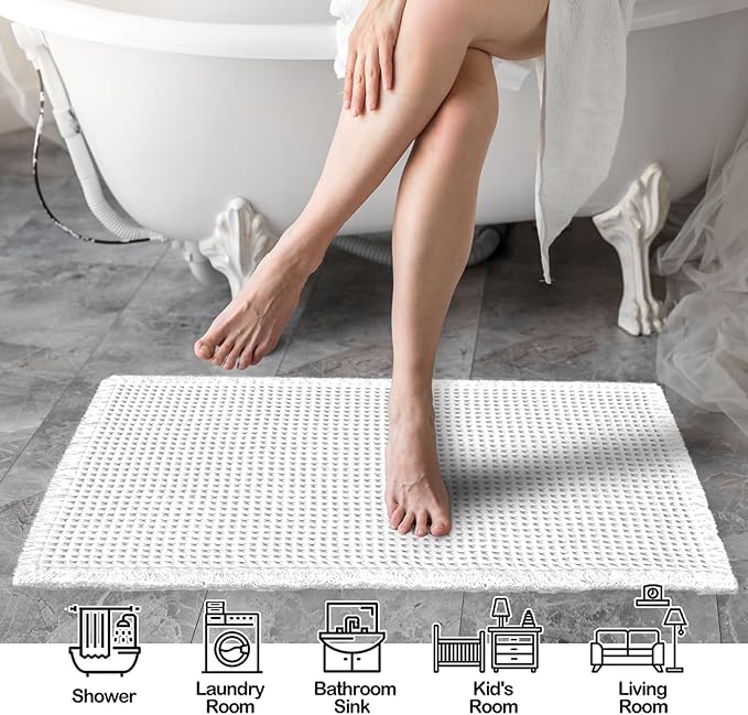 ZALL Waffle Bath Mat White Super Absorbent Non Slip Bathroom Rug 18x30inch,Machine Washable Ultra Soft Floor Mats