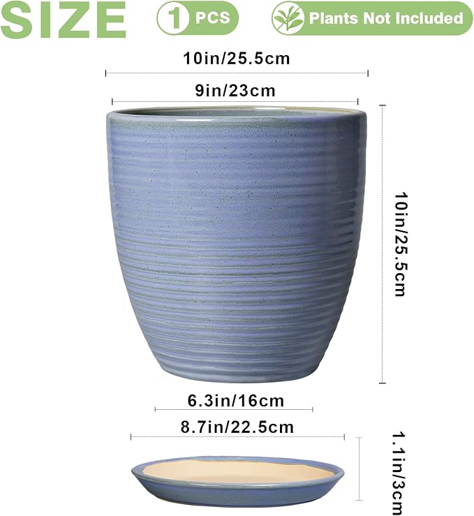 10 Inch Plant Pot - Round Ceramic Planter with Drainage Hole and Plant Saucer Indoor Outdoor for Decoration, Modern Home Garden Office Decor, House Warming Gifts, Blue-Purple