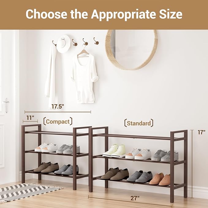 Haddockway Bamboo Shoe Rack for Closet, Free Standing Shoe Organizer with Smooth Round Rods & Convenient Handles, Stackable Shoe Storage Shelf for Entryway, Hallway(Brown, 3-Tier)
