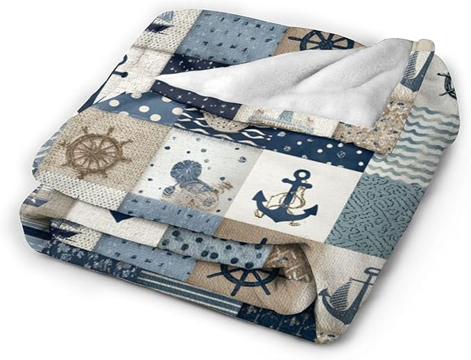 Nautical Blanket Ocean Sea Throw Blanket Sailboat Anchor Soft Cozy Fleece Fuzzy Stuffed Plush Flannel Gifts for Girls Women Boys Kids Adults 40''x50''