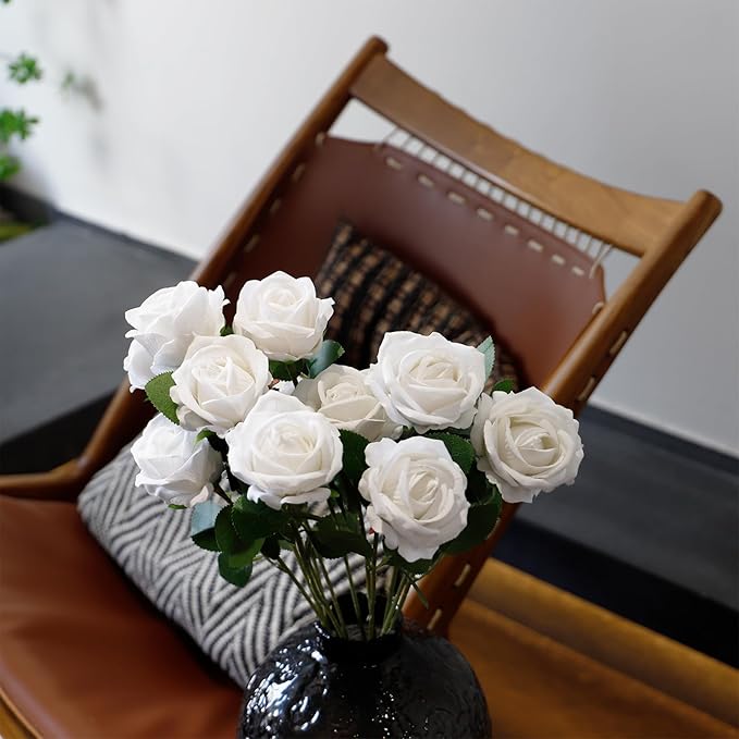 12 Pcs Artificial Rose Flowers, Silk Roses with Long Stems, Realistic Fake Roses for Wedding Centerpiece Party Home and Office DIY Decor, White
