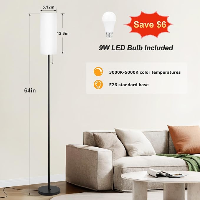 Ambimall Floor Lamp with 3 Color Temperatures Bulb Set of 2, 64" Standing lamp with Linen lampshade for Bedroom, Minimalist Pole Lamp, White Shade & Black Pole
