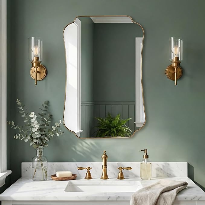 ANDY STAR 26"x38" Gold Mirror, Brushed Brass Scalloped Wall Mirror, Bathroom Wall Mirror with Stainless Steel Metal Framed Ideal for Bedroom, Hallway