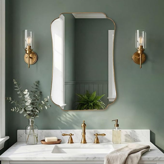 ANDY STAR 26"x38" Gold Mirror, Brushed Brass Scalloped Wall Mirror, Bathroom Wall Mirror with Stainless Steel Metal Framed Ideal for Bedroom, Hallway
