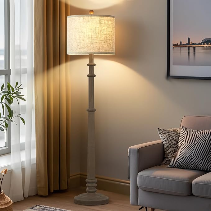 EJIAXIN Floor Lamps for Living Room - 60" Resin Farmhouse Floor Lamp with Adjustable Color Temperatures - Vintage Standing Lamp Reading Light with Linen Shade Retro Tall Lamp for Bedroom Office, Grey