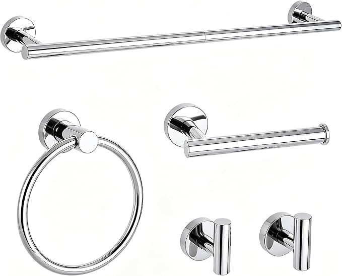 Polished Chrome Bathroom Hardware Accessories Set 5 Piece, Stainless Steel Bath Towel Bar Set 24 Inch,Toilet Paper Holder,Towel Ring Holder,Towel Rack Set,Gold Bathroom Accessories Kit Silver