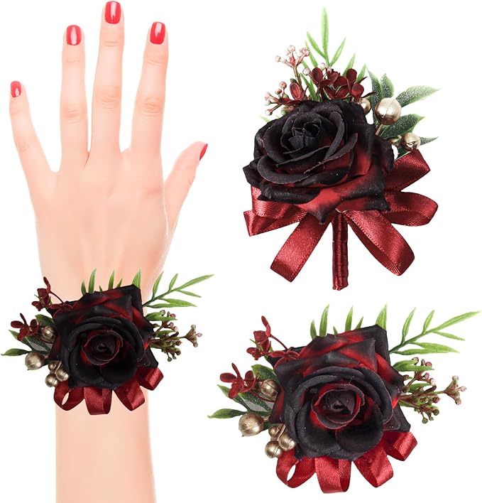 2 Pcs Wine Red Rose Wrist Corsage and Boutonniere Set, Rose Corsage Hand for Women, Boutonniere for Men Wedding Artificial Flowers Accessories Prom Decor, Christmas Party Accessories (Wine Red)