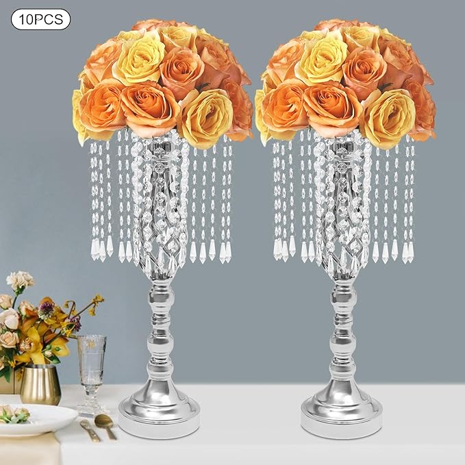 Vase | Bud Vases |10PCS Gold Crystal Flower Stands | Elegant Centerpiece for Weddings & Events | for Wedding Table Centerpieces, Aisle Guides, Party Decorations (Silver)