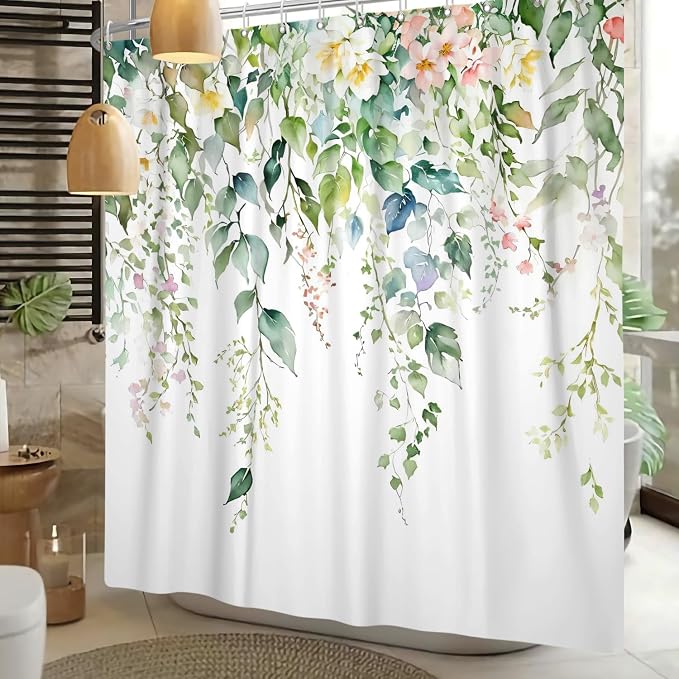 Sage Green Eucalyptus Shower Curtain Watercolor Botanical Floral Leaves Shower Curtain Set Spring Nature Bathroom Decor with 12 Hooks,69x70 Inches