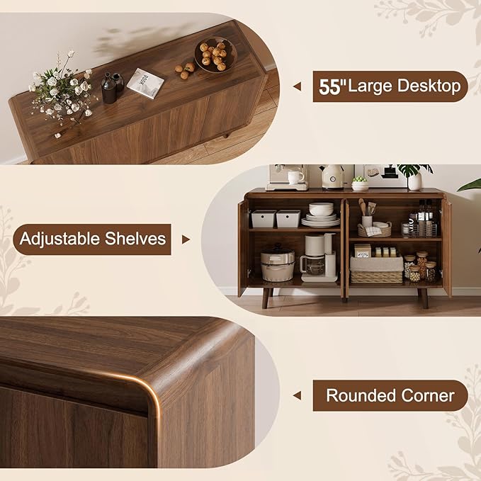 Nasonet Mid Century Modern Buffet Cabinet with Storage, 55 Inch Sideboard Credenza with Doors & Shelves Console Coffee Bar Table for Living Room, Kitchen, Dining Room and Hallway, Walnut